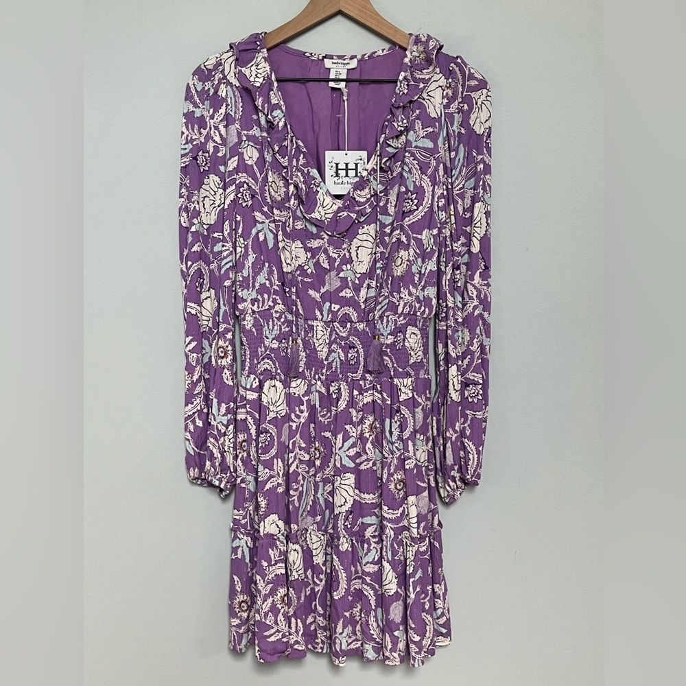 NWT Haute Hippie Long Sleeve Lined‎ V-neck Dress Size Small Purple Floral